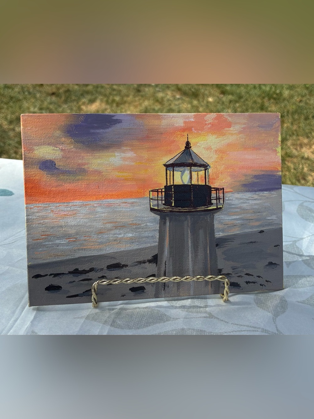 Sunset Lighthouse Canvas Art - Orange & Blue Coastal Wall Decor